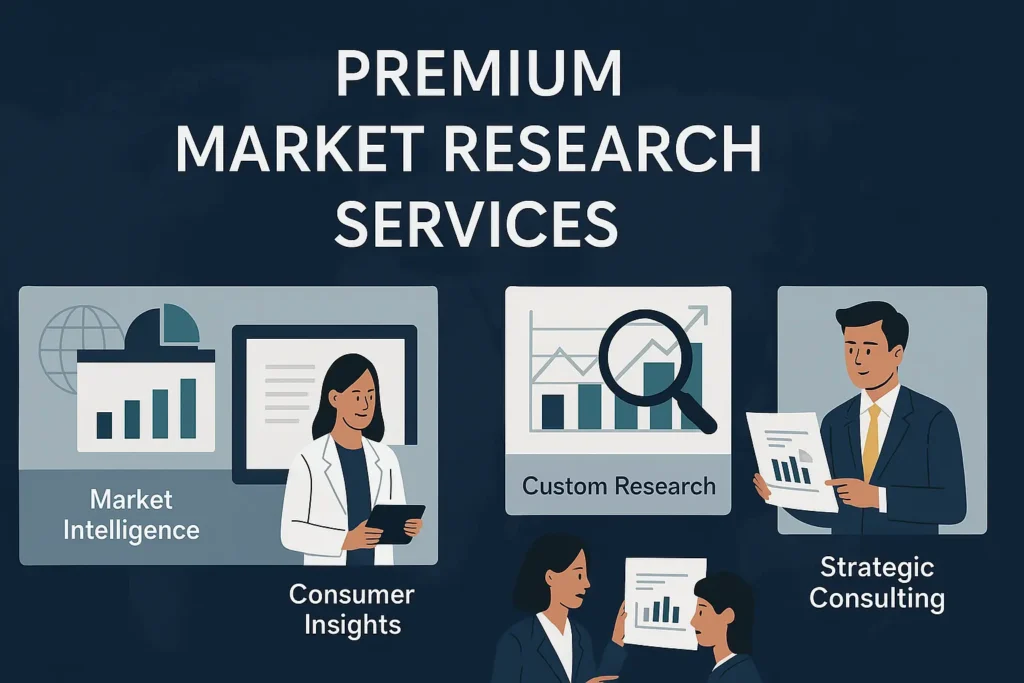 Infographic illustrating premium market research services with sections for Market Intelligence, Consumer Insights, Custom Research, and Strategic Consulting, featuring data charts, professional analysts, and global analysis icons on a navy blue background.