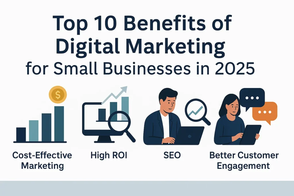 Horizontal infographic showing the top 10 benefits of digital marketing for small businesses in 2025, featuring icons for ROI, SEO, cost-effective marketing, and customer engagement on a clean, professional background.